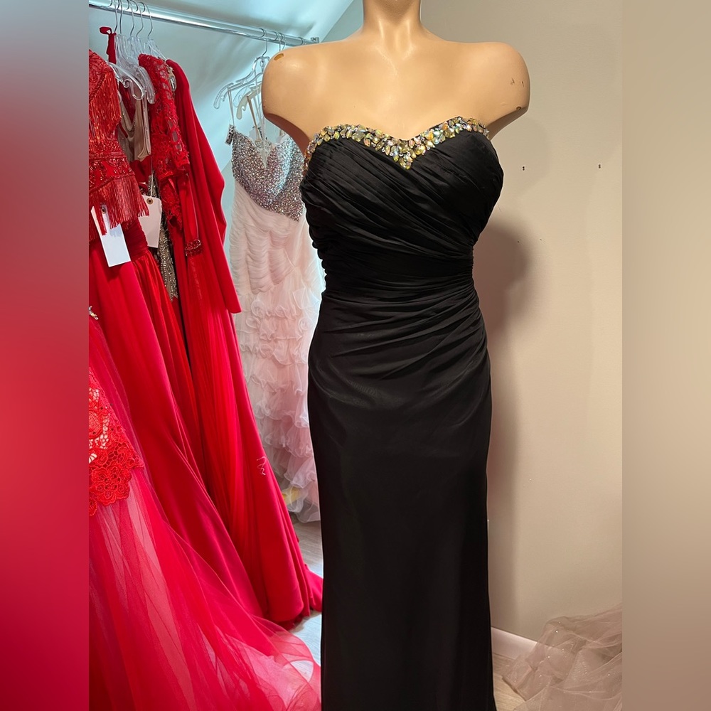 Size 16- Alyce Designs Black Strapless Gown.